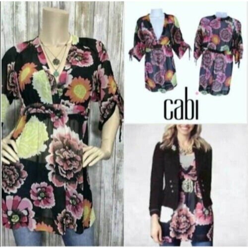 CAbi S Tunic Top Blouse Black Pink Bold Floral Deep V Neck 3/4 Sleeve Style 400 - Picture 4 of 7